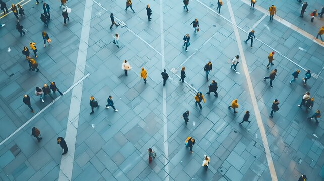 Aerial View of People Walking in a City Square - Modern Urban Life and Social Interaction
