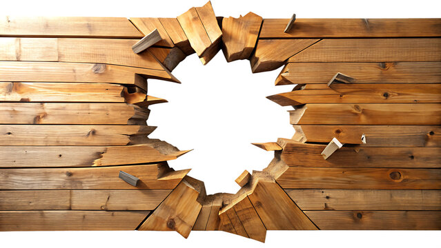 Hole breaking through wooden wall isolated on white background