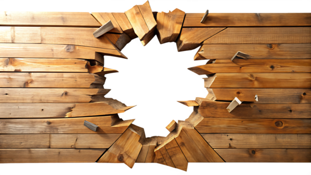Hole breaking through wooden wall isolated on white background