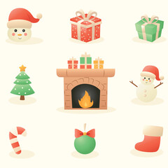 A cozy set of Christmas icons featuring snowmen, gifts, a fireplace, a Christmas tree, and festive decorations. Perfect for holiday designs, greeting cards, and seasonal branding