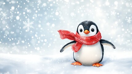 Adorable penguin wearing a red scarf in snowy winter wonderland.