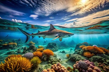 Fototapeta premium Stunning HD Wallpaper of a Majestic Shark Swimming in Crystal Clear Ocean Waters Above Coral Reef