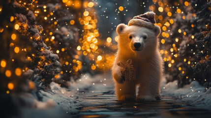 Cute fluffy polar bear wearing Christmas hat holding Christmas gift box in his paw, Christmas trees adorned with blinking lights. Christmas and New Year greeting card design.