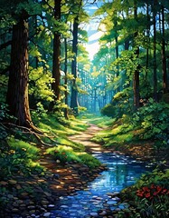 Obraz premium A serene forest scene with a calm stream running through, surrounded by lush greenery and tall trees. Sunlight filters through the canopy, creating a peaceful, relaxing atmosphere.. AI Generation