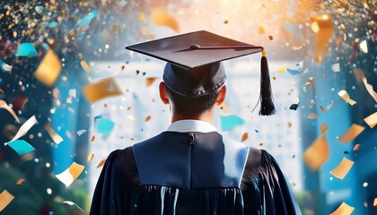 A graduating student wearing cap and gown looking up into the air as confetti falls down in celebratory fashion to signify completion of education; back facing the camera; graduation photography