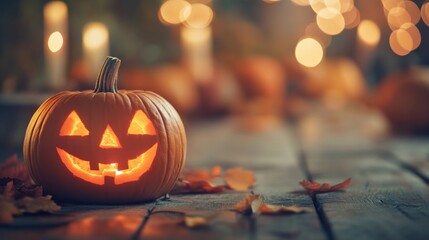 Fototapeta premium An empty scene featuring a blurred background with soft-focus pumpkin carvings and a blank message board, creating an ideal product mockup space,