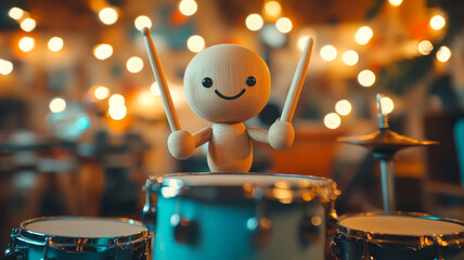 Naklejka premium Smiling toy drummer playing drums with a bokeh light background.