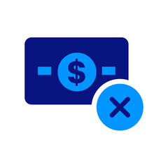 Money icon with dollar sign and cancel mark, representing declined payments, financial issues, refunds, failed transactions, simple, blue and white color scheme, modern style, minimal design.