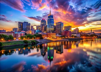 Naklejka premium Stunning High Resolution Nashville Skyline at Dusk with Vibrant Colors and City Lights Reflections