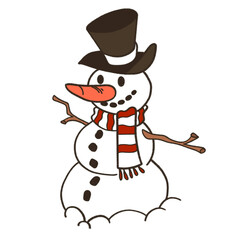 a drawing of snowman using black hat and red white scarf