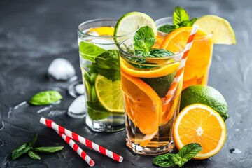 Fototapeta premium Refreshing citrus drinks with mint and lime, perfect for a summer day.