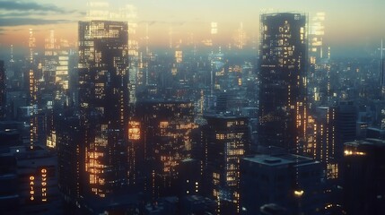 Fototapeta premium A futuristic cityscape at dusk with glowing lights and a hazy atmosphere.