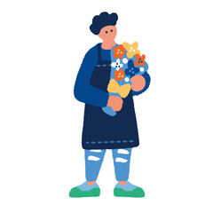 花屋の男性のフラットでシンプルなイラスト
