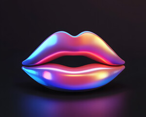 Obraz premium Iridescent neon Holographic lips isolated on black background