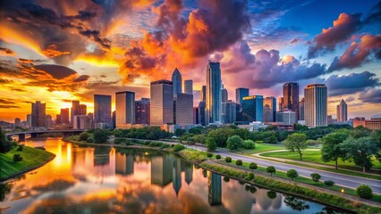 Obraz premium Stunning Houston Skyline at Sunset with Vibrant Colors Reflecting Off Skyscrapers and Clouds