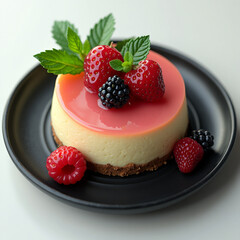 A cheesecake with berries and raspberries on a black plate with mint leaf