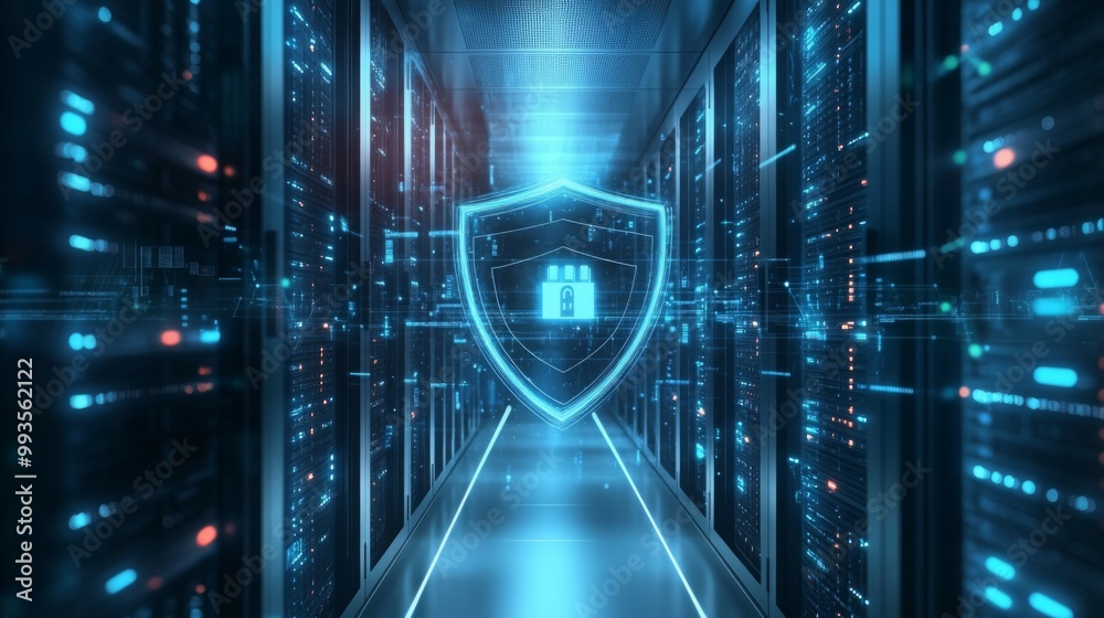 Aufkleber within a server room, a cutting-edge digital shield symbolizes cloud computing, offering advanced cy