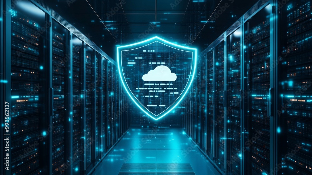 Fototapete digital security  Cloud computing for software  a futuristic shield within a server room, emphasizing IT storage and protection.