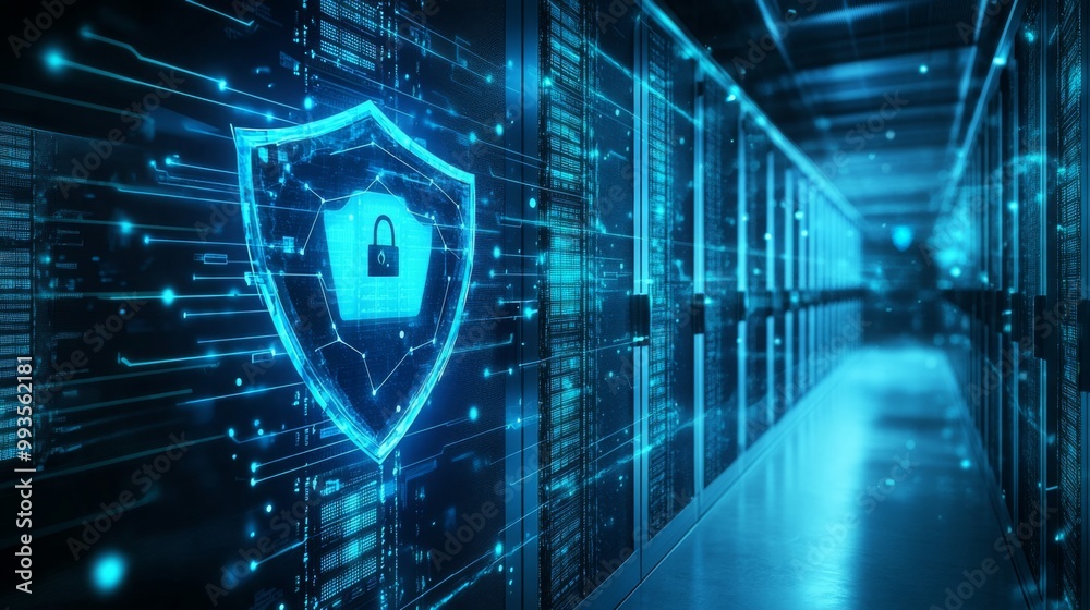 Aufkleber a futuristic digital shield in a server room highlights cloud computing solutions for cybersecurity,