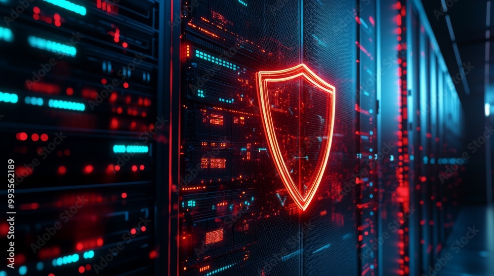 Aufkleber Inside a server room, a futuristic digital shield serves as a metaphor for cloud computing, software security, and online storage backup.