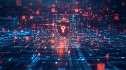 Futuristic digital shield, layers of firewall icons, matrix-style background, key floating at the center, securing a vast network grid