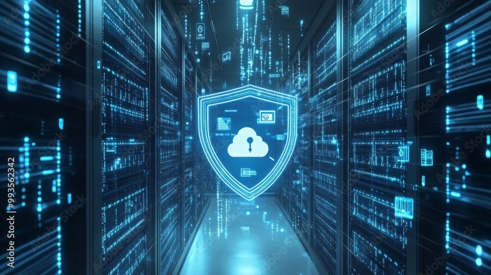 Aufkleber Cloud computing for software and digital security is depicted as a futuristic shield within a server room, emphasizing IT storage and protection.