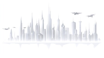 Naklejka premium A futuristic cityscape with three drones flying overhead.