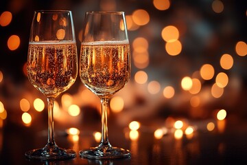 Close-up of two celebratory champagne glasses placed on the bar.