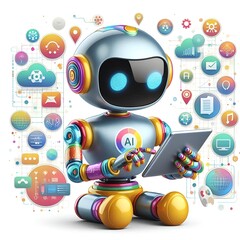 A 3D illustration of an AI robot concept surrounded by various technology icons in the background.
