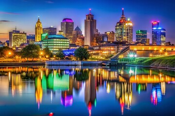 Naklejka premium Stunning Kansas City Skyline Illuminated at Night with Beautiful Lights and Reflections on Water