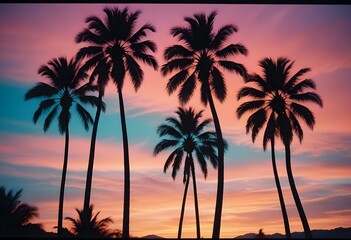 Silhouettes of palm trees against a colorful sunset sky with vibrant orange, pink, and blue hues