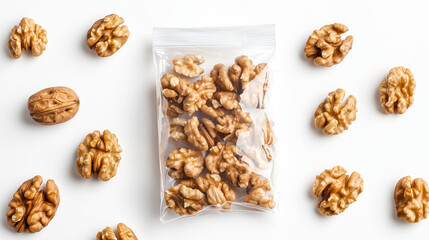 Obraz premium Snacks in Bag Lying Down with Walnuts, Showcased on White Desk.