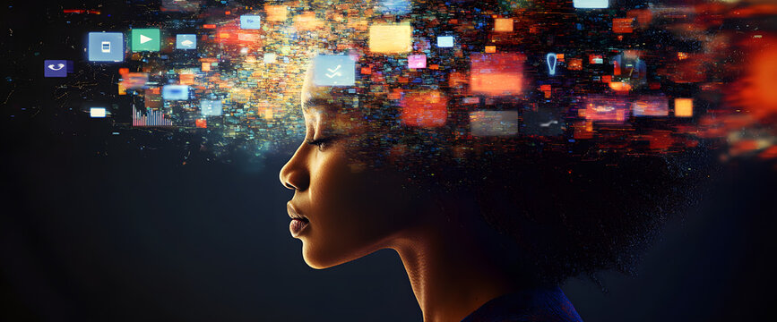 powerful visual metaphor of social media addiction, with a young woman's head bursting open from the pressure of excessive information.information illustrated by a young woman's brain exploding .