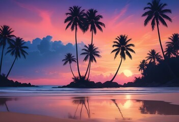 Silhouettes of palm trees against a colorful sunset sky with vibrant orange, pink, and blue hues