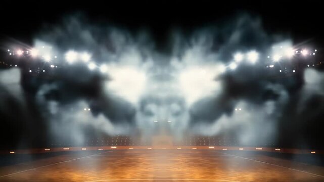Stadium Lights Pierce Through Swirling Smoke During an Intense Sports Event at the Arena