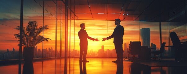 CEO shaking hands with investors over a successful financial growth deal, sleek office background Investment deal, business growth