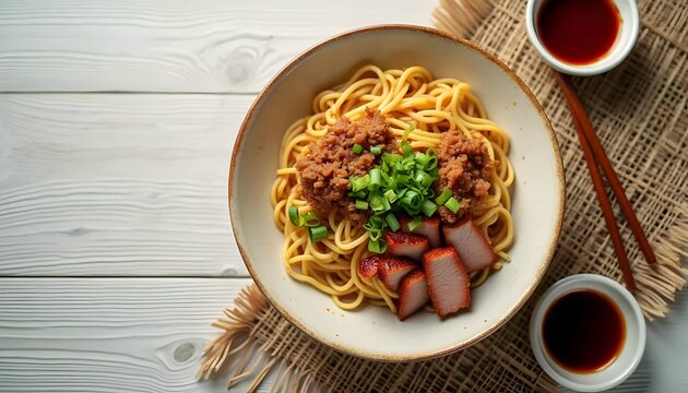 Kolo Mee with Char Siu, Minced Pork, and Scallions (Malaysian Cuisine)