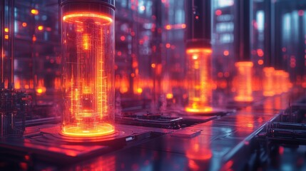 Obraz premium Glowing Tubes in a Futuristic Factory