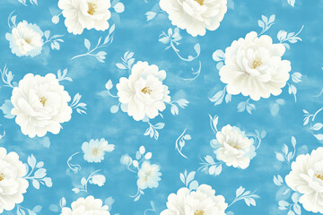 elegant white roses seamless pattern on light blue watercolor background