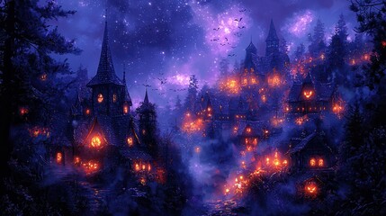 Enchanted Night View of Mystical Village with Stars