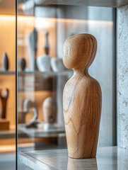 Abstract wooden sculpture displayed on a modern interior shelf.
