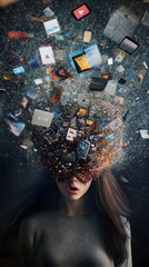 powerful visual metaphor of social media addiction, with a young woman's head bursting open from the pressure of excessive information.information illustrated by a young woman's brain exploding .