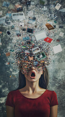 powerful visual metaphor of social media addiction, with a young woman's head bursting open from the pressure of excessive information.information illustrated by a young woman's brain exploding .