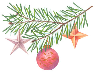 Watercolor hand drawn illustration for Christmas. Illustration of a branch of a coniferous tree decorated with Christmas tree toys in the form of stars. Ideal illustration for Christmas decor.