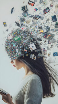 powerful visual metaphor of social media addiction, with a young woman's head bursting open from the pressure of excessive information.information illustrated by a young woman's brain exploding .