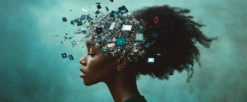 powerful visual metaphor of social media addiction, with a young woman's head bursting open from the pressure of excessive information.information illustrated by a young woman's brain exploding .