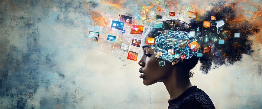 powerful visual metaphor of social media addiction, with a young woman's head bursting open from the pressure of excessive information.information illustrated by a young woman's brain exploding .