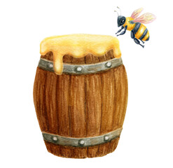 Wooden barrel with honey dripping over the edge and flying bee. Watercolor drawing. Concept of healthy natural nutrition.