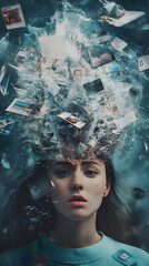 powerful visual metaphor of social media addiction, with a young woman's head bursting open from the pressure of excessive information.information illustrated by a young woman's brain exploding .