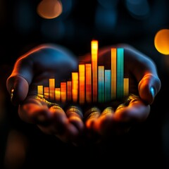 Hands holding a growing bar graph hologram symbolizing business success and financial growth Business growth, financial success